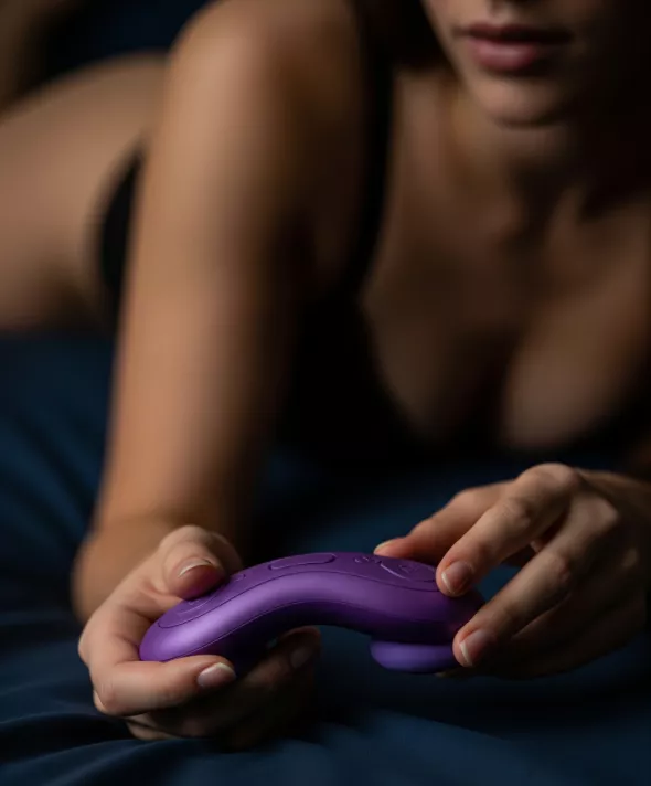 Purple vibrator held by woman in intimate lifestyle scene